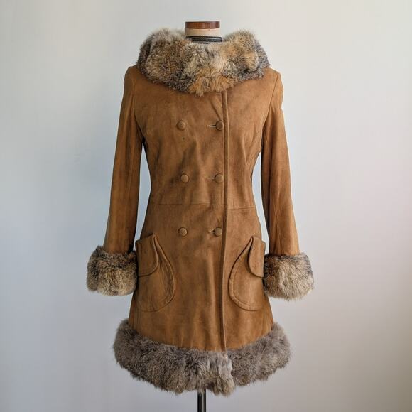 Vintage Jackets & Blazers - Vintage Brown Suede Fur Trim Penny Lane Jacket Furry Leather Trench Coat Medium